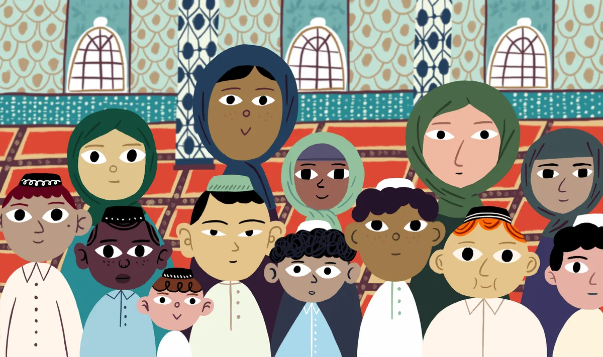 Illustrated Muslim children and teachers together in a classroom
