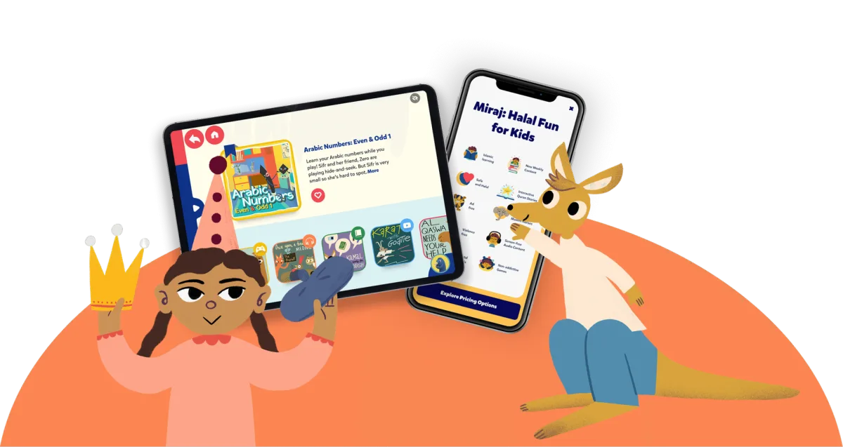 The Miraj Stories app on a tablet and a phone